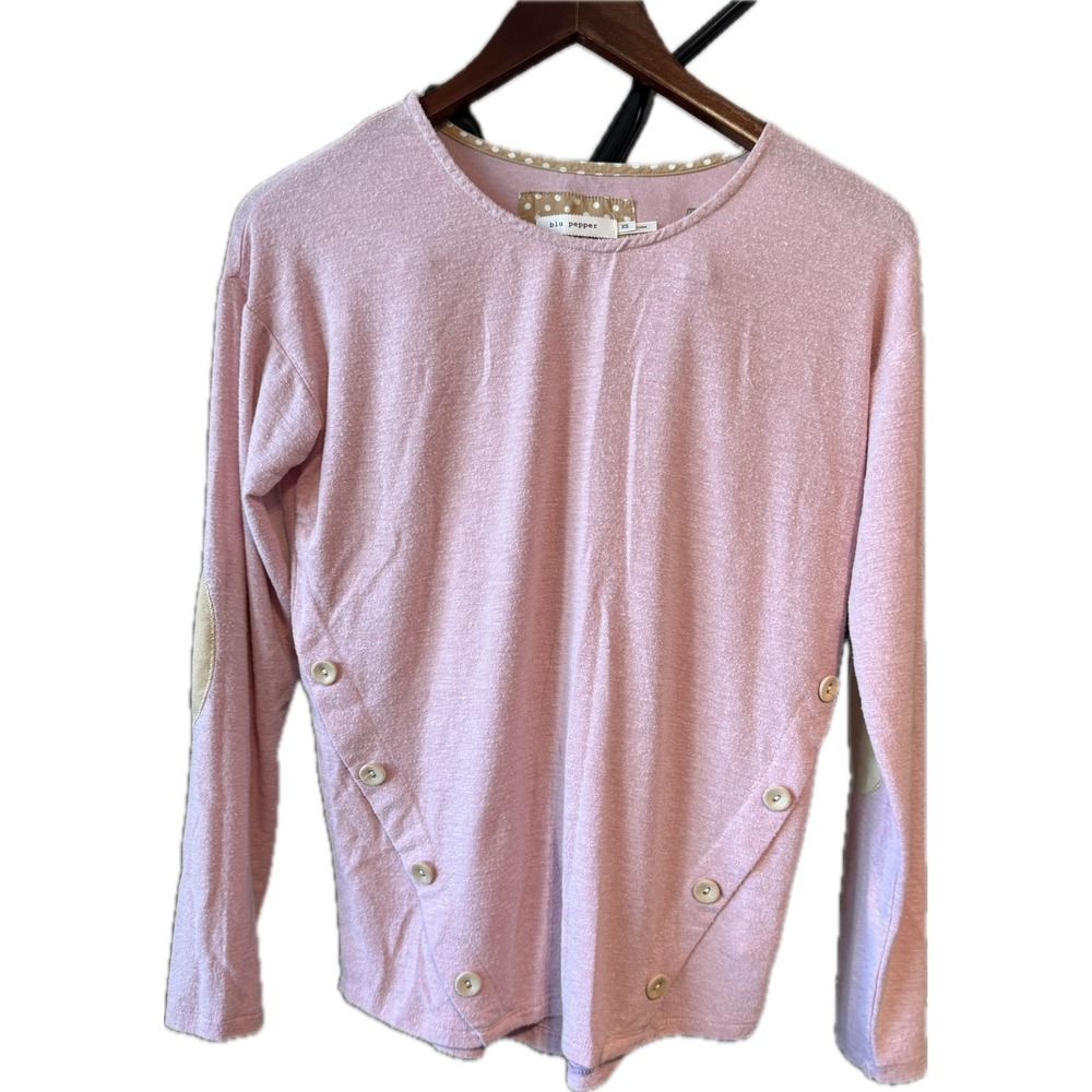 Blu Pepper Pink Long Sleeve Button‎ Detail Top Elbow Patches TB3637 Womens XS